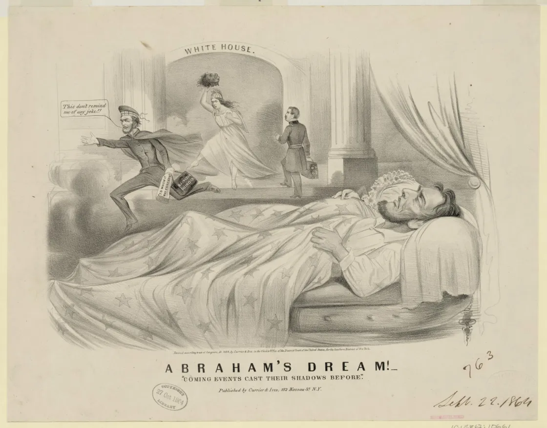 1864 political cartoon showing Abraham Lincoln having a nightmare about losing the presidential election. In his dream, a figure representing Columbia kicks Lincoln away from the White House as he flees with a valise, while his opponent, George B. McClellan, approaches the White House steps.