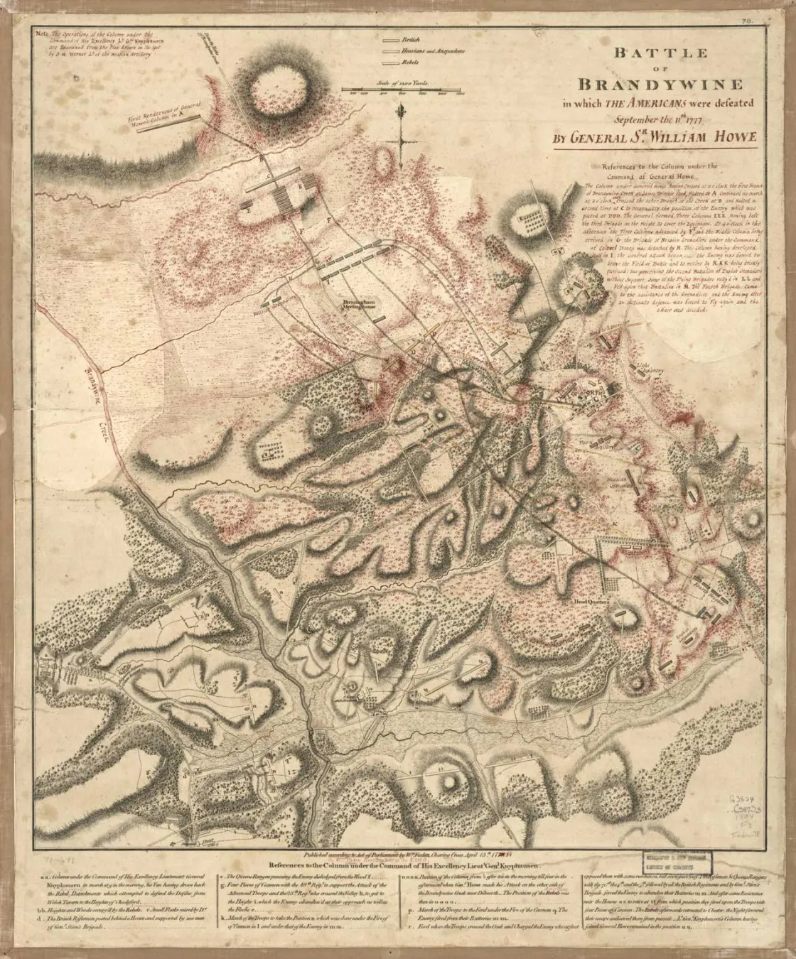 Hand-colored 1784 map of the Battle of Brandywine showing roads, waterways, terrain, troop positions and movements around Chadds Ford, Pennsylvania.