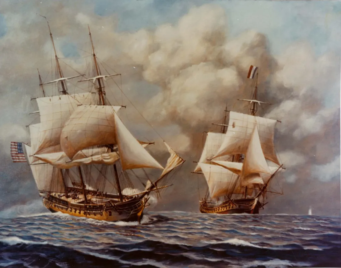 The USS Constellation maneuvers ahead of the French frigate Insurgente during their naval engagement on February 9, 1799, with both sailing warships exchanging cannon fire in rough seas during the Quasi-War.