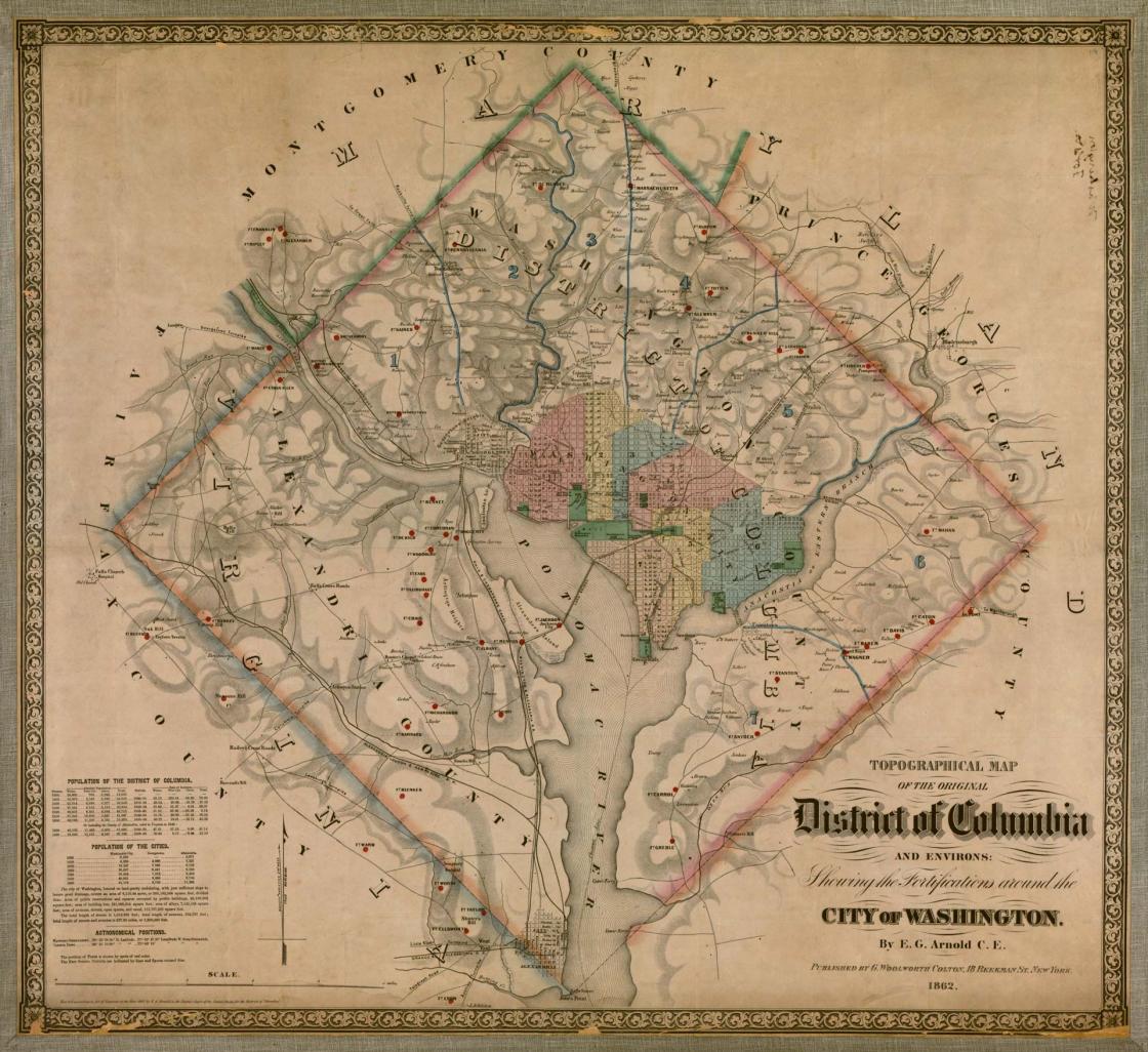 Topographical map of the original District of Columbia and environs showing the fortifications around the city of Washington