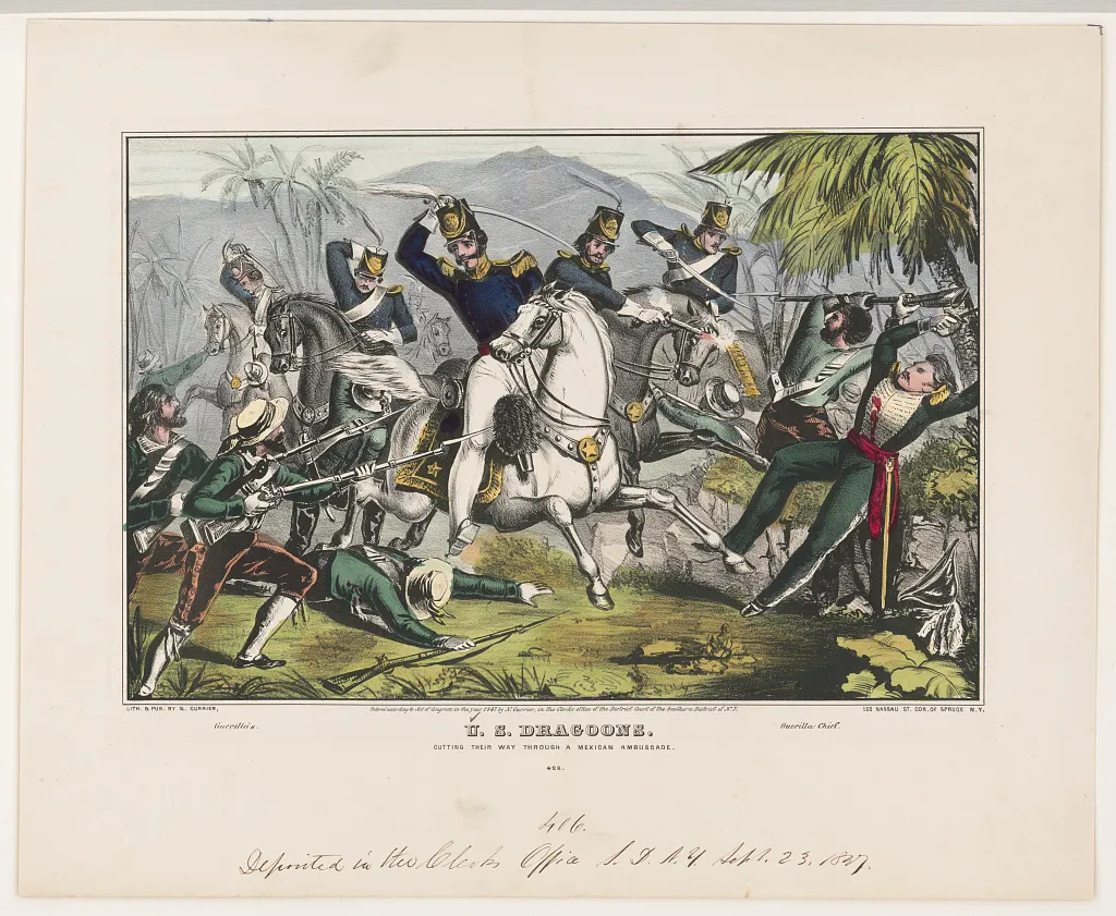 Hand-colored lithograph depicting mounted U.S. dragoons fighting Mexican troops during the Mexican-American War.