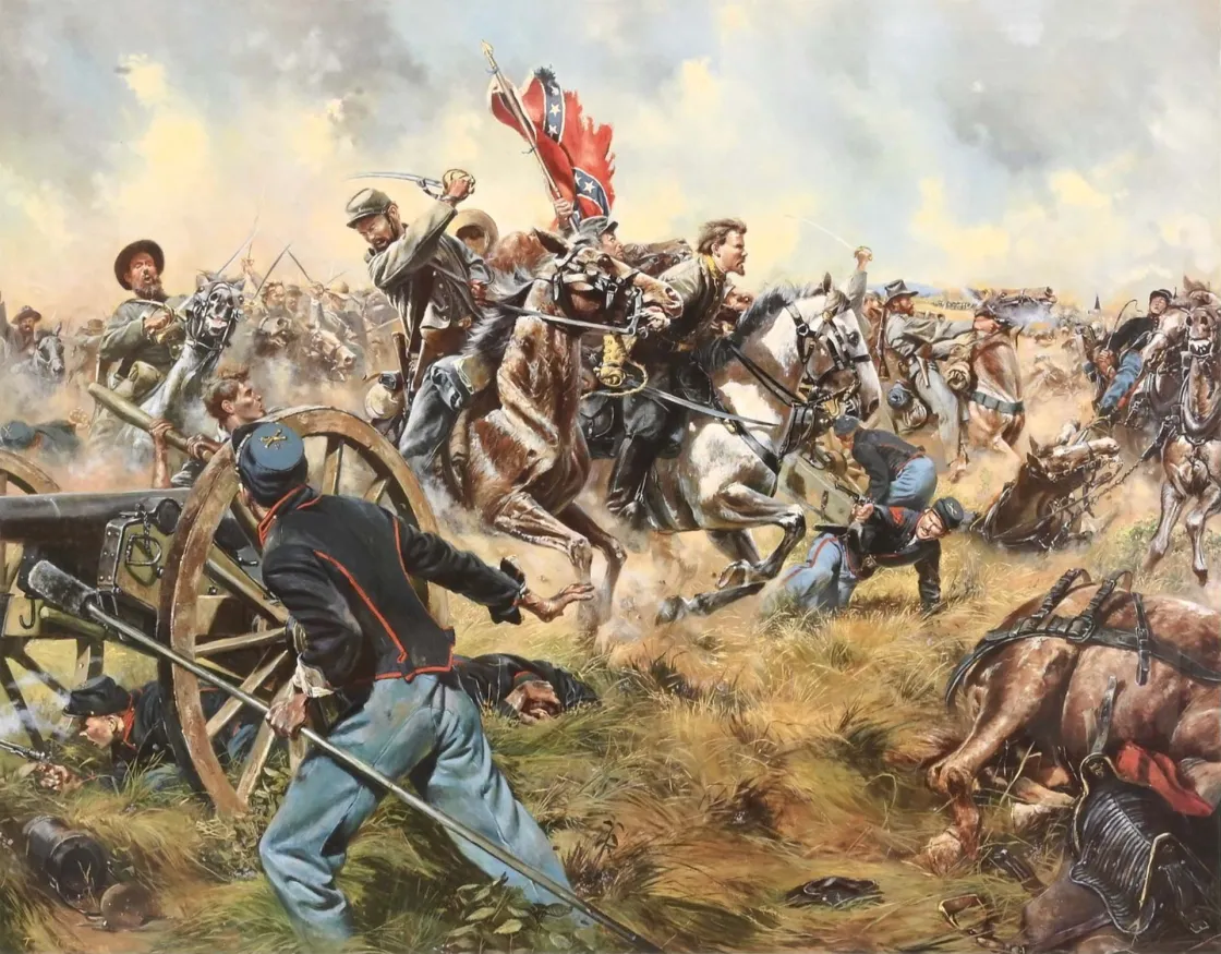 The Gray Comanches by Don Troiani depicts Confederate cavalry in action during the Battle of Brandy Station on June 9, 1863.