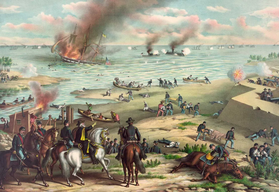 Colorful nineteenth-century chromolithograph depicting the ironclads USS Monitor and CSS Virginia