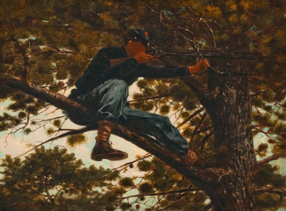 An oil painting made by Winslow Homer based on his earlier drawing, "The Army of The Potomac - A Sharpshooter on Picket Duty".