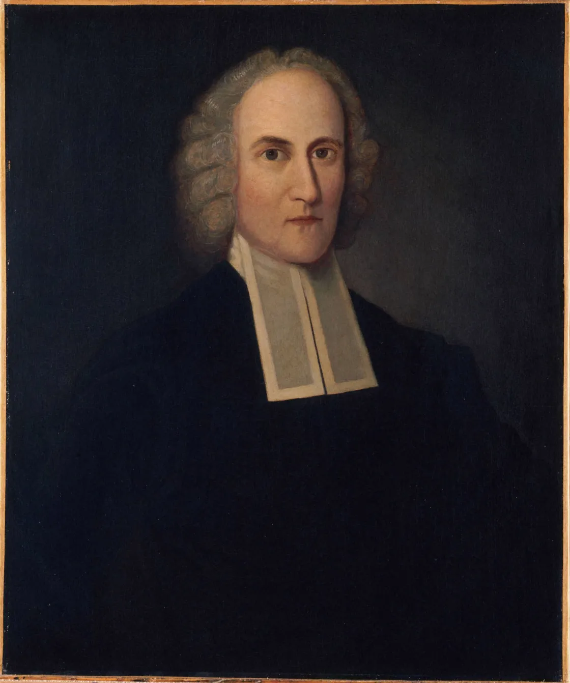 Oil portrait of Jonathan Edwards by Henry Augustus Loop after Joseph Badger, showing the 18th-century theologian and Princeton president in dark clothing with a white clerical collar.