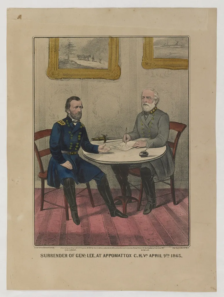 Hand-colored lithograph depicting Confederate Gen. Robert E. Lee surrendering to Union Gen. Ulysses S. Grant at Appomattox Court House, Virginia, on April 9, 1865. Lee and Grant stand at center surrounded by Union and Confederate officers.