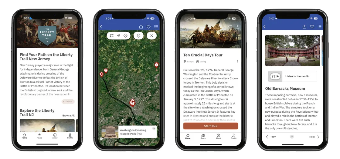 Four screenshots from The Liberty Trail New Jersey app