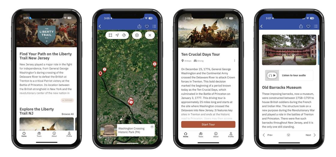 Four screenshots from The Liberty Trail New Jersey app