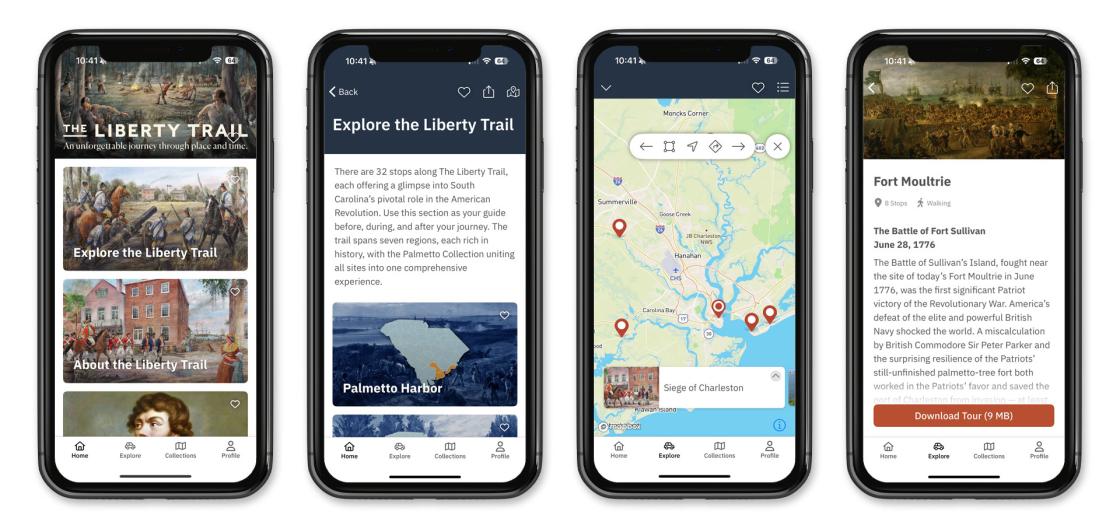 Four screenshots from The Liberty Trail South Carolina App