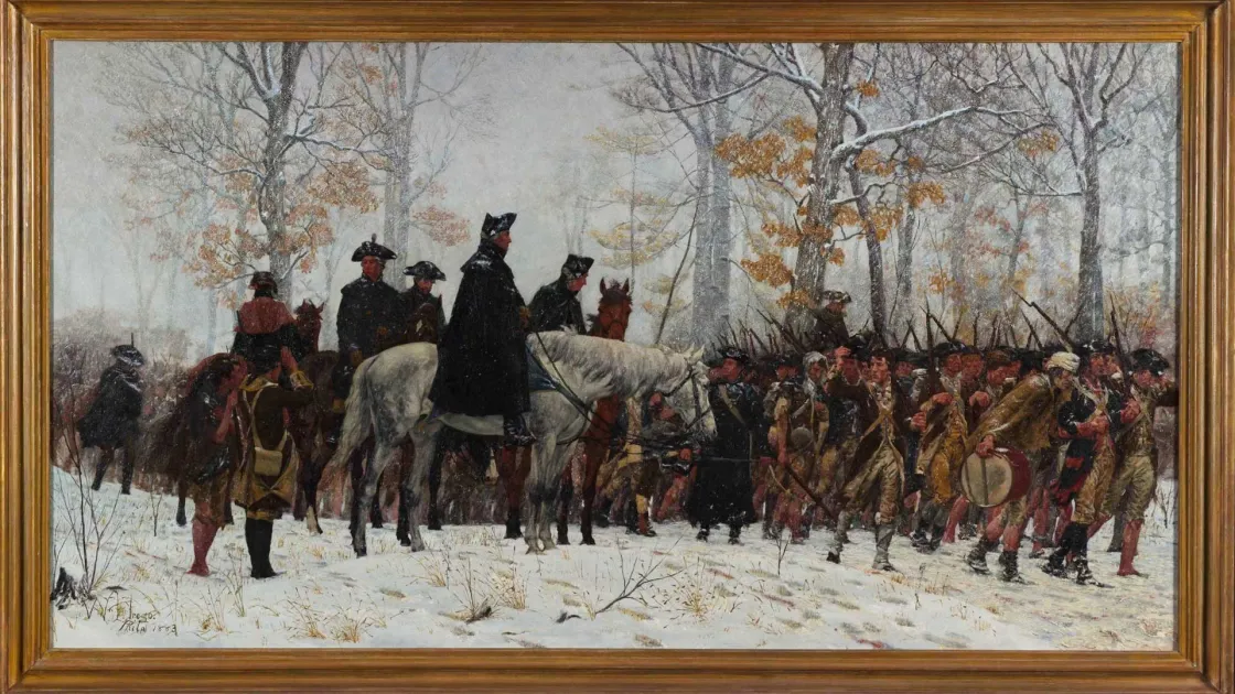 Painting of George Washington on horseback leading weary Continental Army soldiers through the snow toward Valley Forge in 1777.