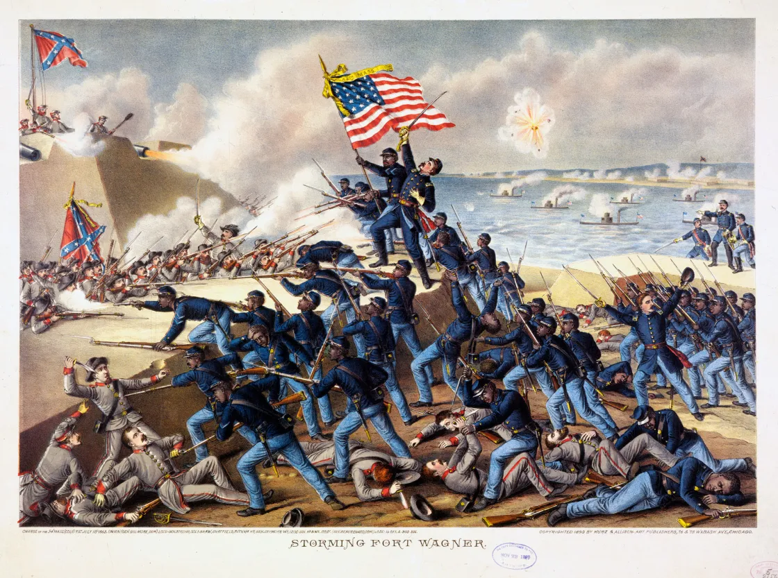 Color lithograph depicting Union soldiers of the 54th Massachusetts Infantry storming the Confederate defenses of Fort Wagner, South Carolina, during the Civil War.