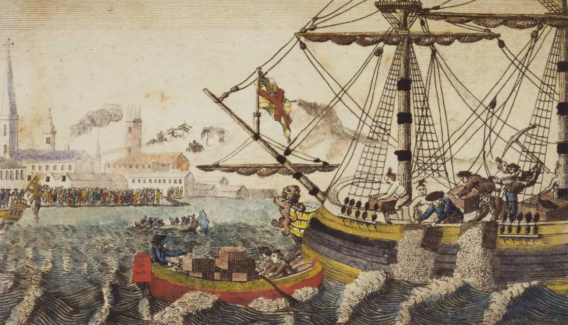 “Boston Tea Party;” by W.W. Cooper. Engraving in The History of North America, 1789.