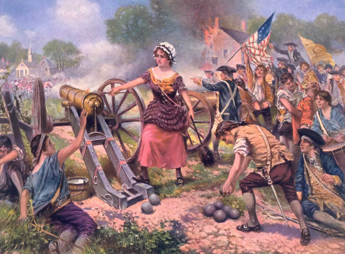 A painting depicting a woman in stylized colonial dress standing behind a cannon. She is surrounded by men, one of which kneels at a stack of cannon balls at her feet. Men rally under an American flag in the distance. 