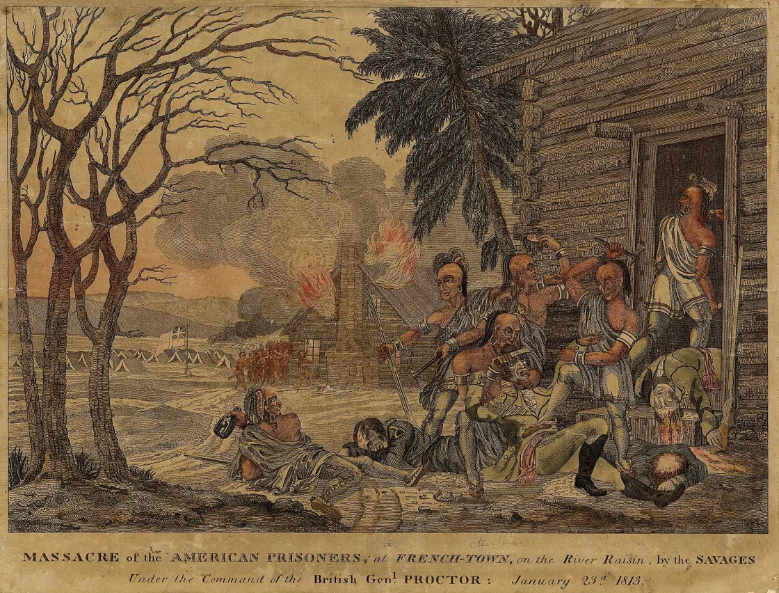 Hand-colored engraving depicting Native warriors attacking wounded American prisoners after the Battle of the River Raisin during the War of 1812.