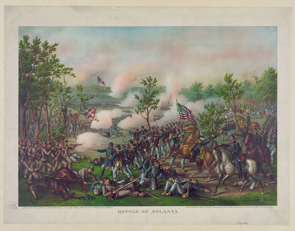 Color lithograph depicting intense Civil War combat at the Battle of Atlanta on July 22, 1864, including the death of Union Maj. Gen. James B. McPherson.
