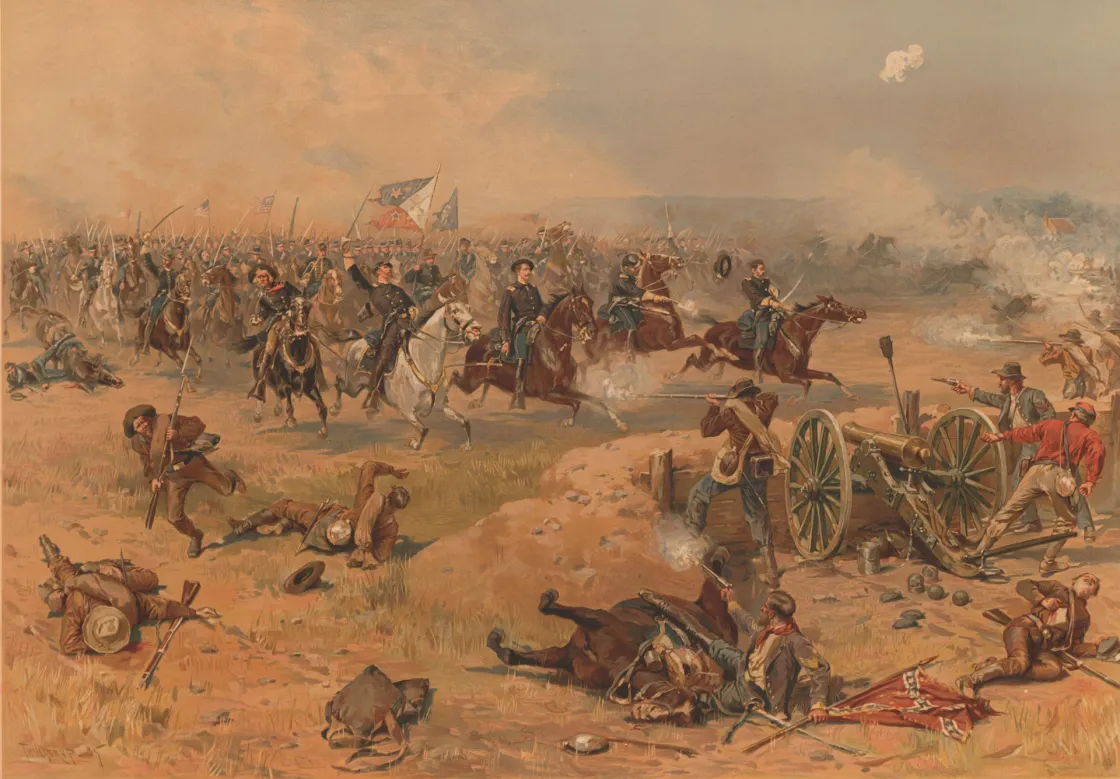 Union General Philip H. Sheridan rides at the head of charging Federal troops during the Battle of Winchester as soldiers advance across a smoke-filled battlefield beneath waving battle flags.
