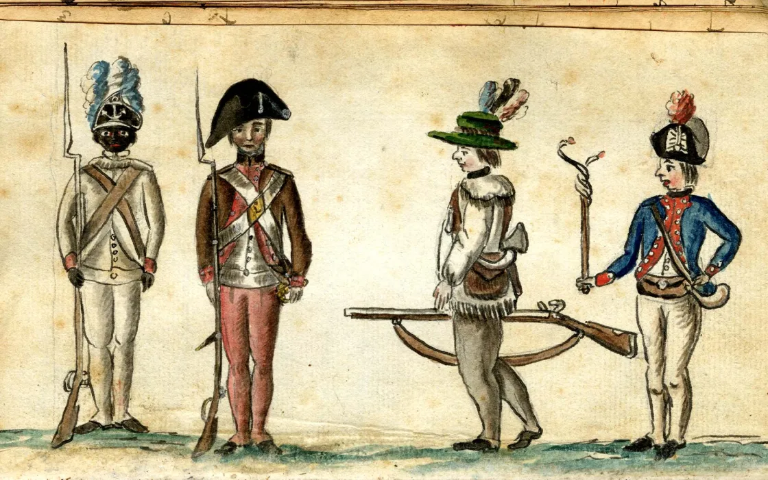 Watercolor depicting a Black soldier of the 1st Rhode Island Regiment, a New England militiaman, a frontier rifleman, and a French officer during the Siege of Yorktown.