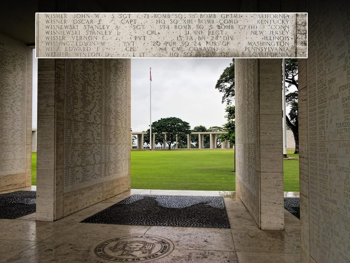 An image of the The Tablets of the Missing at the Manila American Cemetery with an inset of Edward's name.