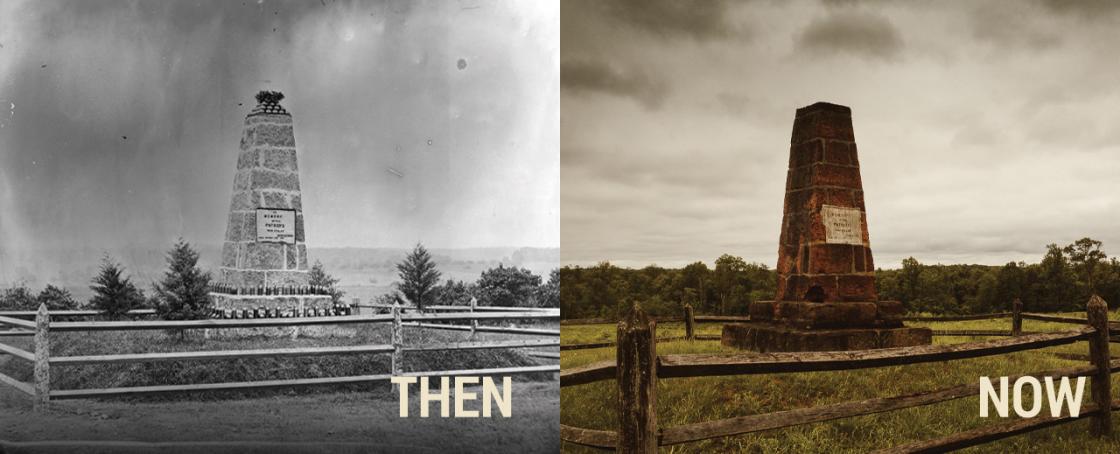 A side-by-side comparison of the Groveton Monument in 1940 to today.