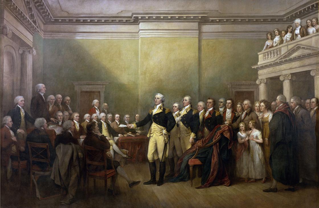 This is a painting of General George Washington resigning his commission. 