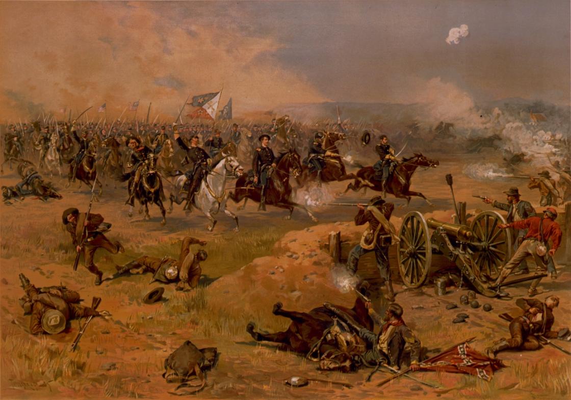 This is a painting of the Federal horsemen's charge at Third Winchester— the war's largest cavalry charge.