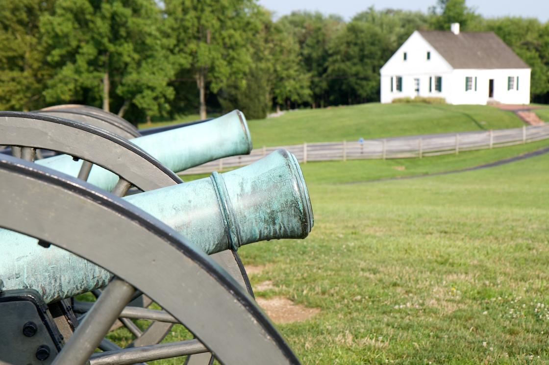 A distant photograph of Dunker Church at Antietam