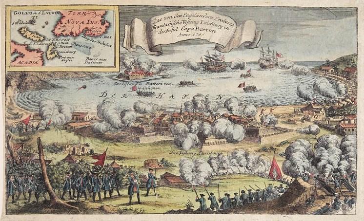 This is an image depicting the British capture of the Fortress of Louisbourg in Nova Scotia.