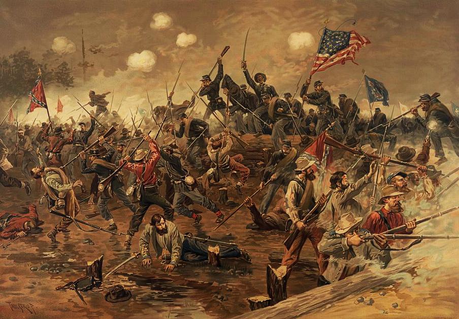 This is a vibrant painting depicting Union troops surging over the "Bloody Angle" at Spotsylvania.