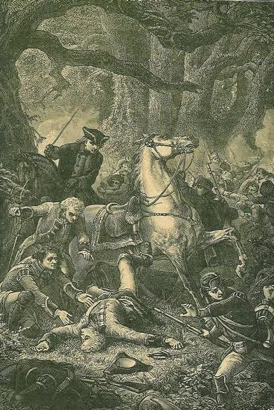 This is an image depicting Major General Braddock's death at the Battle of the Monongahela.