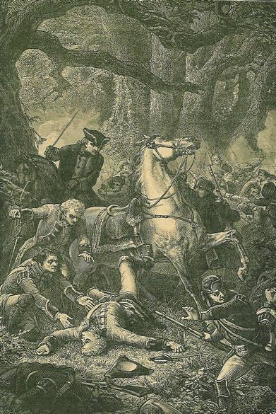 This is an image depicting Major General Braddock's death at the Battle of the Monongahela.