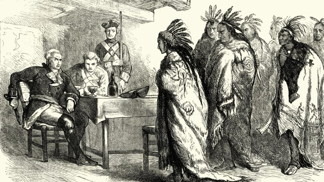 British officers and Native American elders negotiate on the frontier.