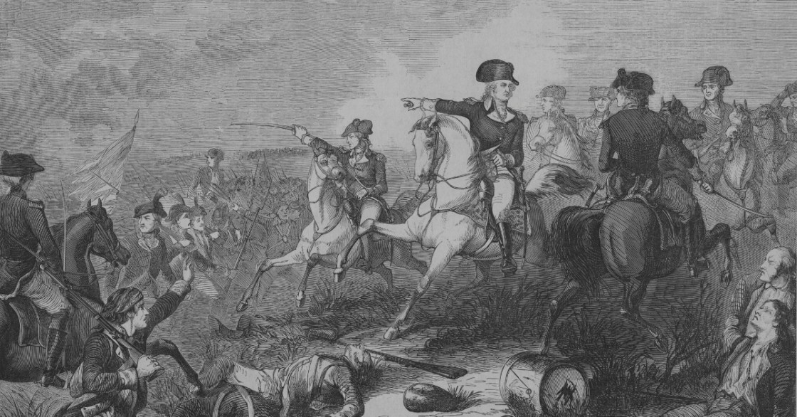 An engraving of Charles Lee and George Washington at the Battle of Monmouth