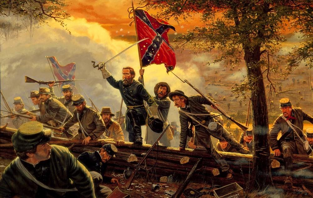 This is a painting depicting Gen. John Bell Hood and his Texas Brigade spearheading the largest assault of the Civil War at Gaines' Mill. 