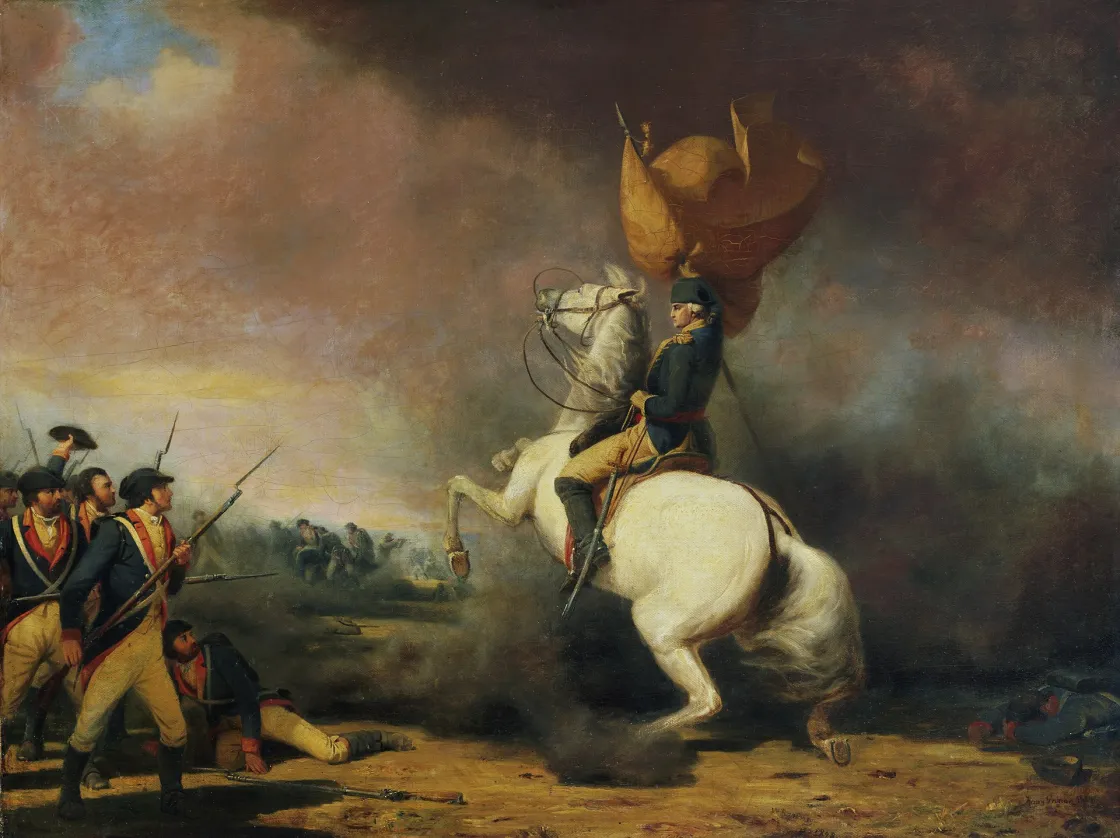 The painting depicts Gen. George Washington rallying American troops during the Battle of Princeton on Jan. 3, 1777.