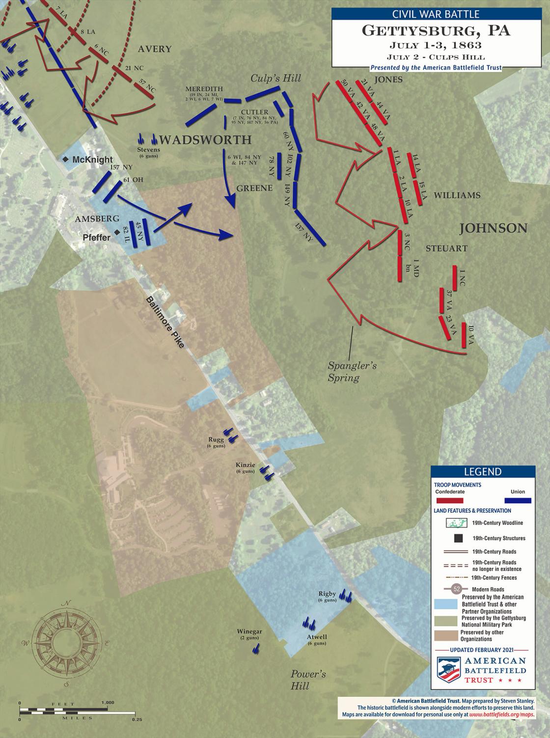 Gettysburg | Culp’s Hill | July 2, 1863 | Satellite Map (February 2021)