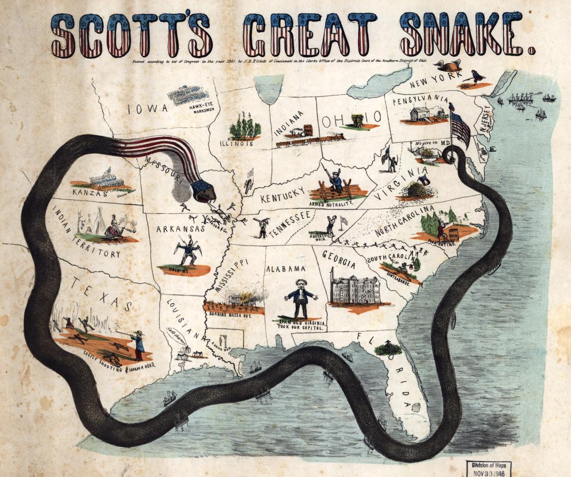 Cartoon illustrating Gen. Winfield Scott’s ‘Anaconda Plan,’1861, by J.B. Elliot.