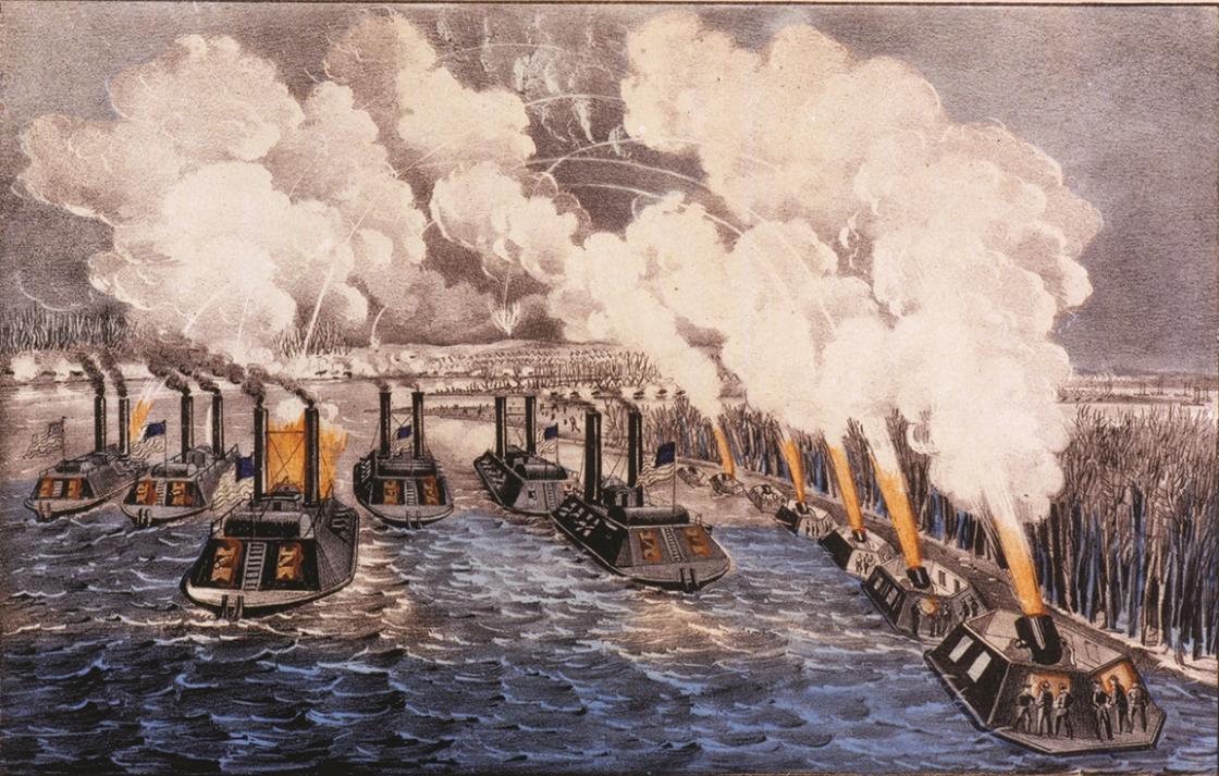 This painting depicts gunboats traveling down the Mississippi releasing steam into the air. 