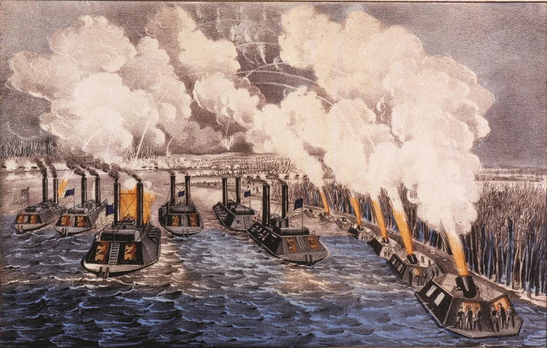 This painting depicts gunboats traveling down the Mississippi releasing steam into the air.
