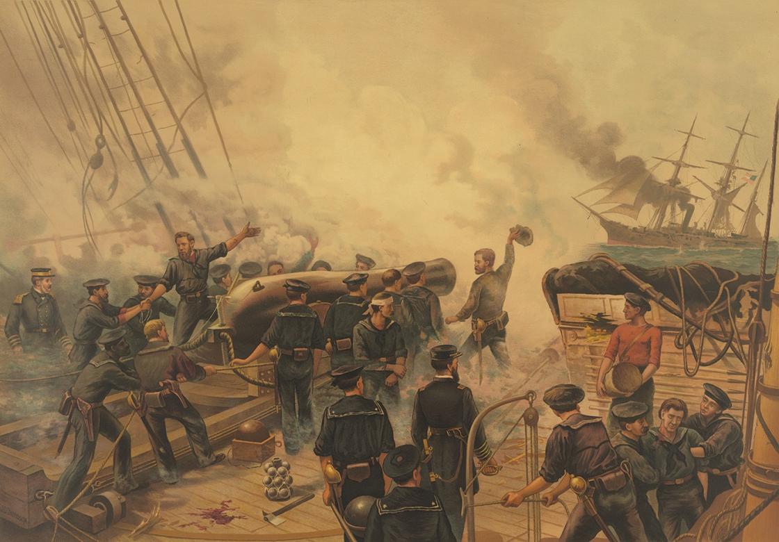 This is a painting depicting the conflict of the USS Kearsarge vs. CSS Alabama. 