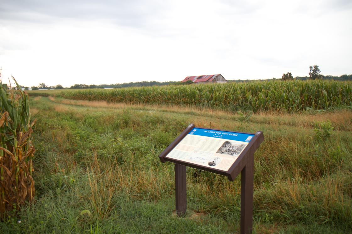This image depicts an interpretative sign at the Slaughter Pen Farmhouse on the Fredericksburg battlefield.