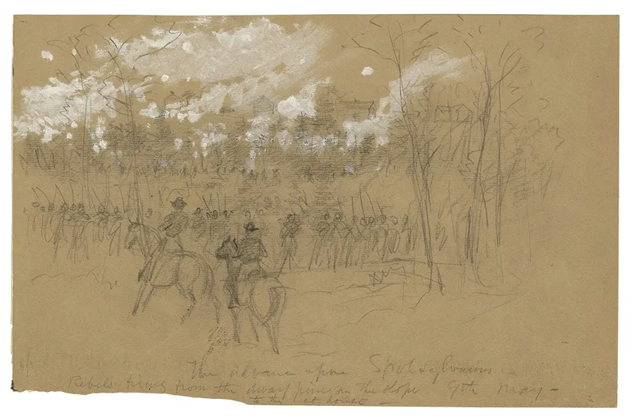This is a drawing depicting rebels firing from the dwarf pine on the slope to the court house.