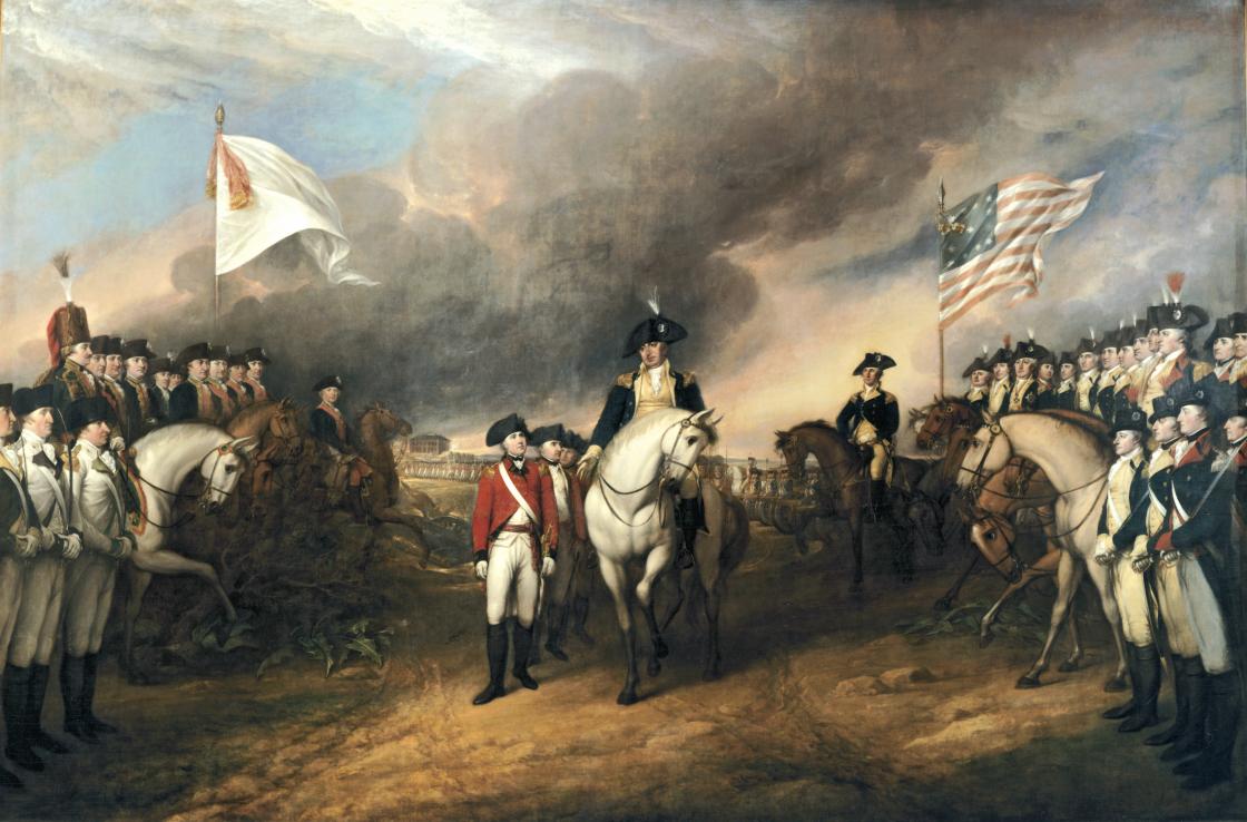 An oil painting depicting the the surrender of British Lieutenant General Charles, Earl Cornwallis at Yorktown, Va. on October 19, 1781.