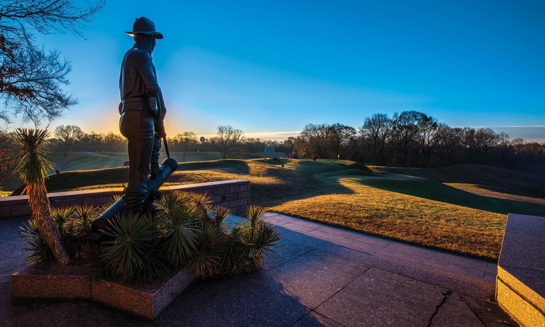 View of the battlefield from behind a monument of soldier holding a rifle rounded by small palm plants.