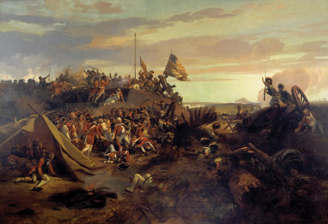 Troops led by the Marquis de Lafayette and Alexander Hamilton storm British Redoubt No. 10 during the Battle of Yorktown