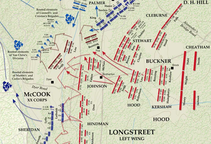 This is a map depicting the route followed by Longstreet's troops in order to take advantage of the gap at Chickamauga.