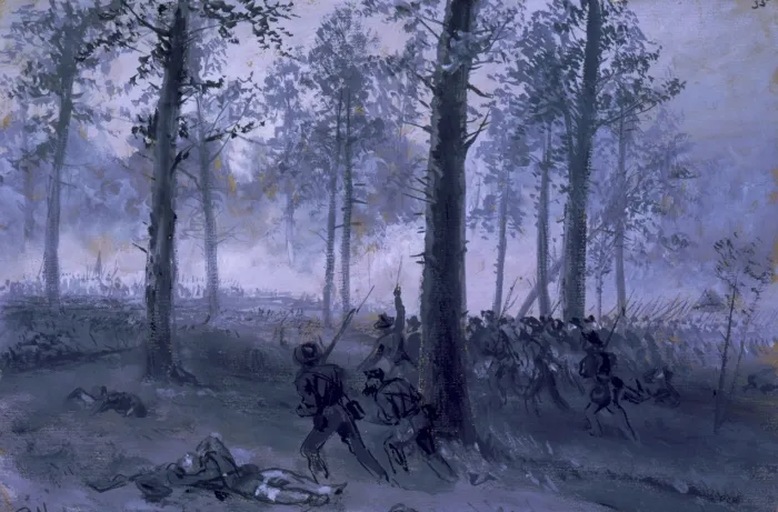 This is an image of Confederate troops advancing through the woods.