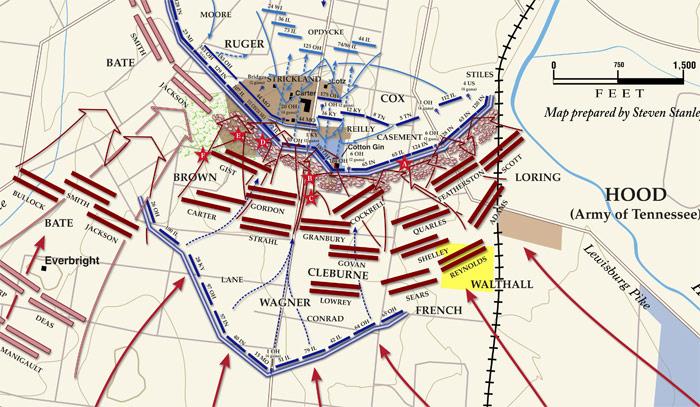 This is a map detailing General Hood’s charge at Franklin. 