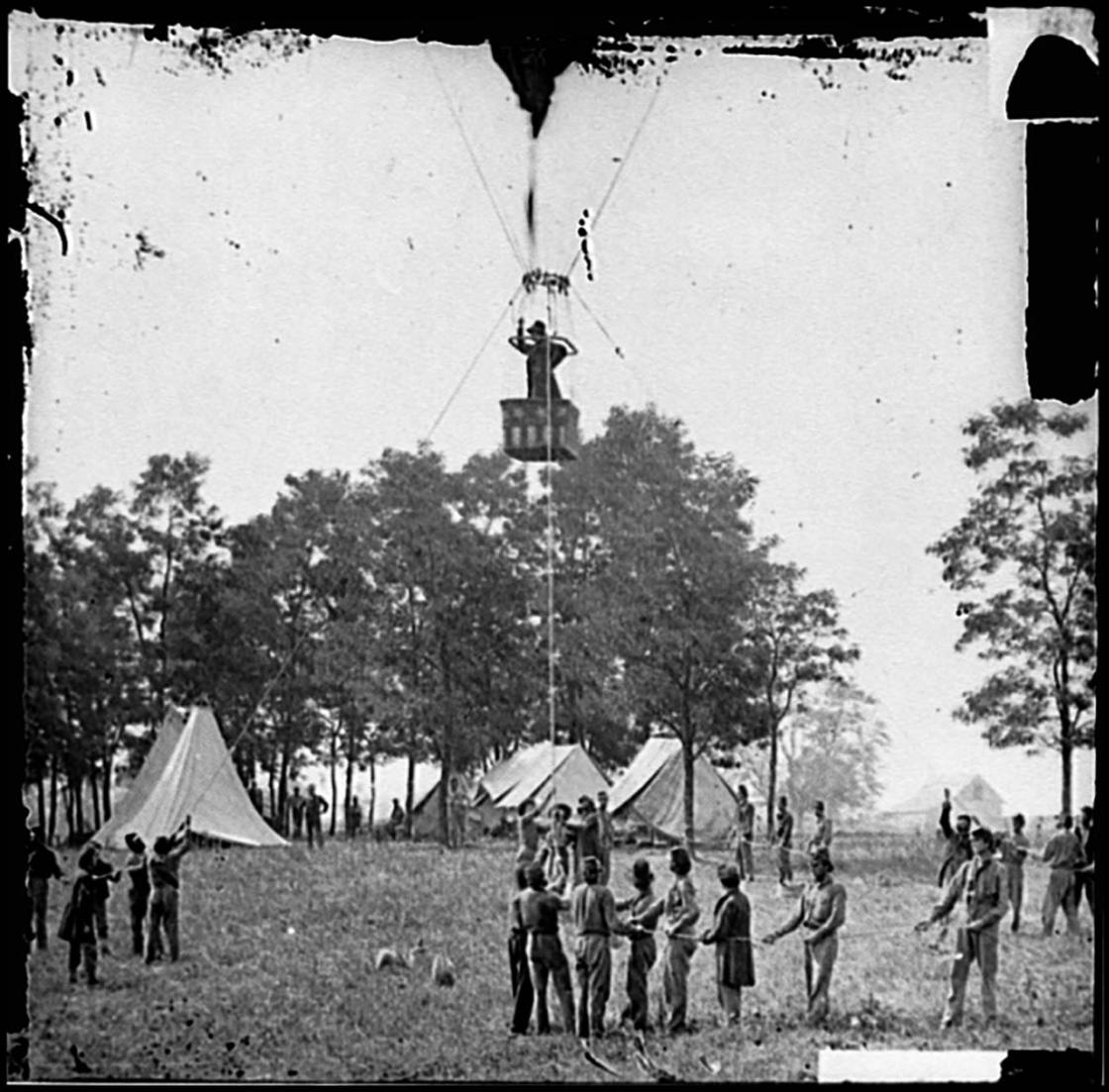 Fair Oaks, Virginia. Prof. Thaddeus S. Lowe observing the battle from his balloon "Intrepid"