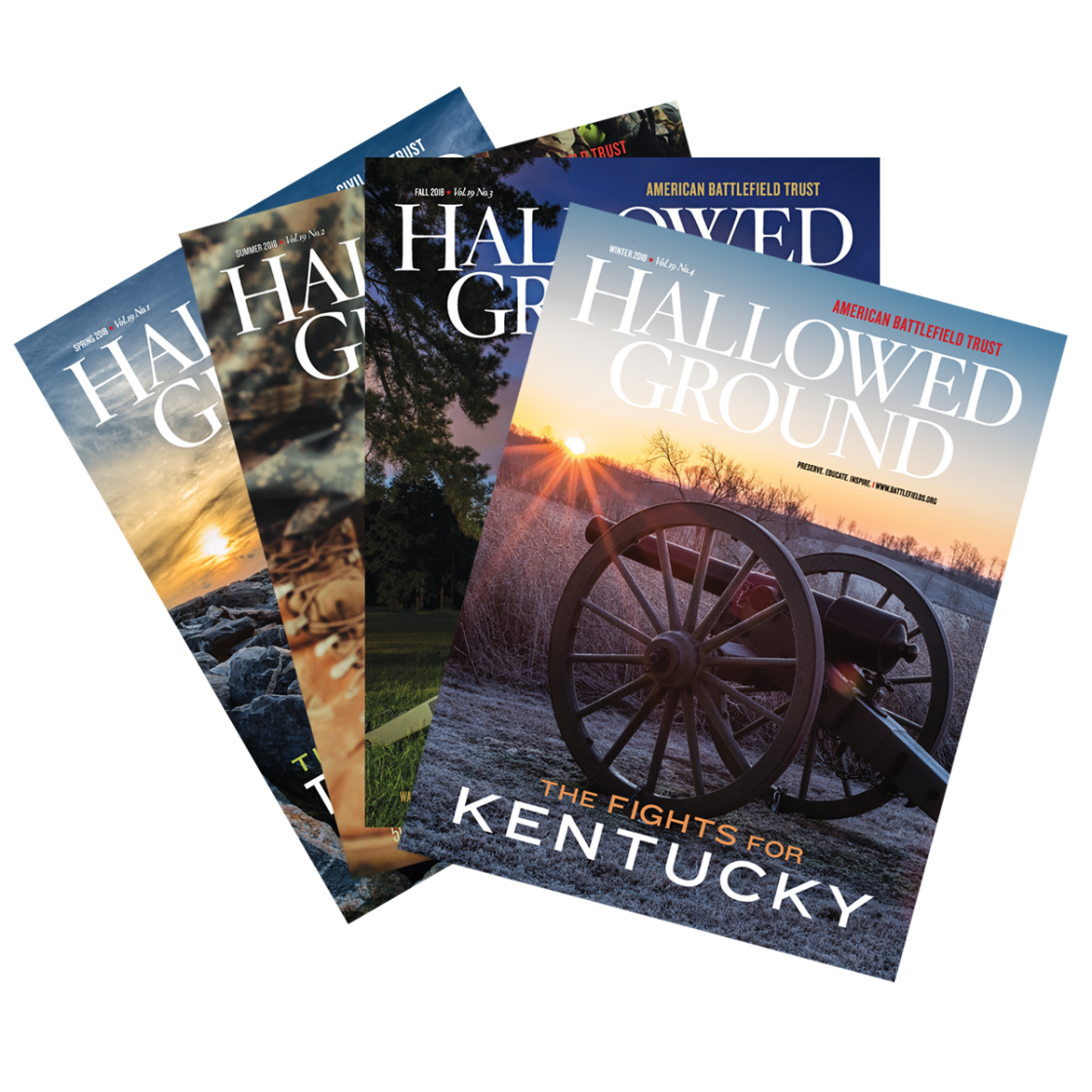 Photo of several issues of Hallowed Ground Magazine