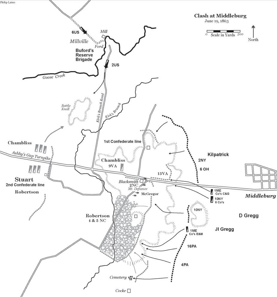 A black and white map of the clash at Middleburg on June 19, 1863